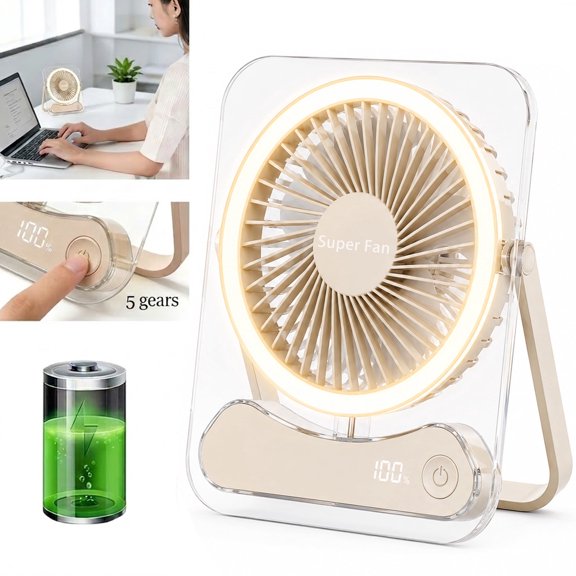 Portable USB Desktop Fan with LED Light, Ultra Quiet 5-Speed Personal Fan, 180° Adjustable Foldable Design, Digital Power Display, Rechargeable Desk Fan for Home, Office, Bedroom, Travel Use（Beige）