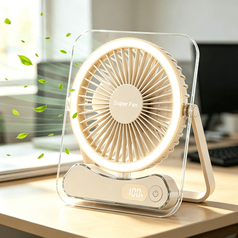 Portable Desk Fan with LED Light, USB Rechargeable Personal Fan, Ultra Quiet 5-Speed Fan, 180° Adjustable Foldable Design, Digital Power Display, Mini Desktop Fan for Office, Bedroom, Home, Travel