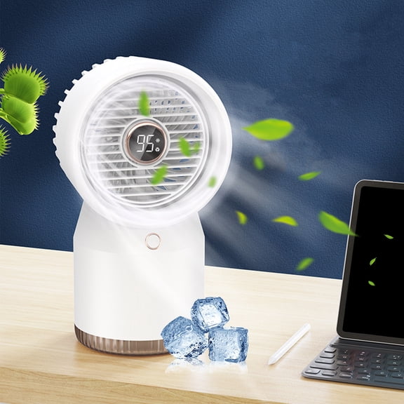 Portable USB Fan with Humidifier & LED Display - 610ml Water Tank, 4 Speeds, Rechargeable for Office, Home, Travel (9.6 Inch, 4W, Ultra Quiet) White