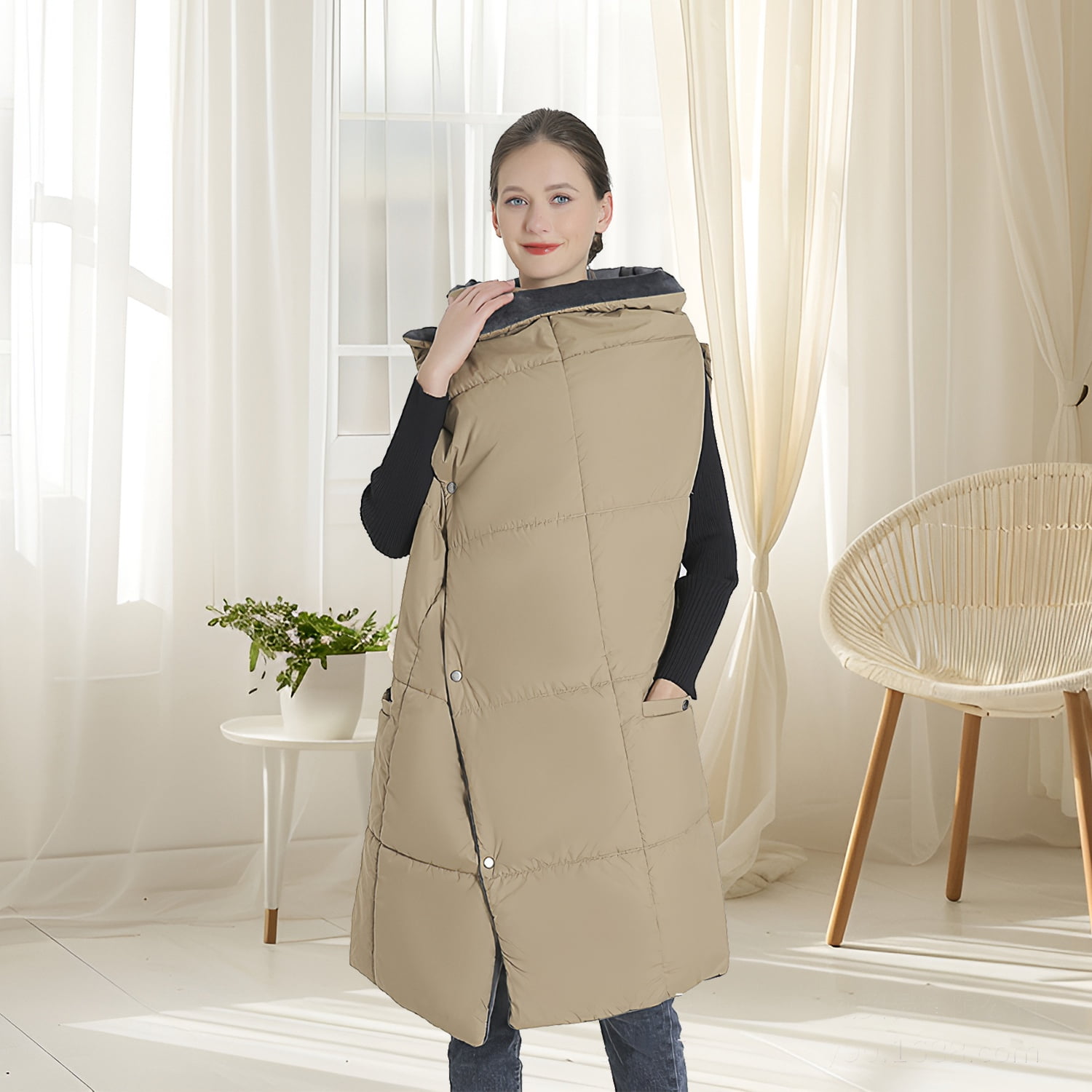 Portable USB Heated Blanket, 61"x 51" Dual Switch Cordless Heated Poncho Shawl Throw Blanket with 6 Zones 3 Heating Levels for Indoor Outdoor (L, Khaki)