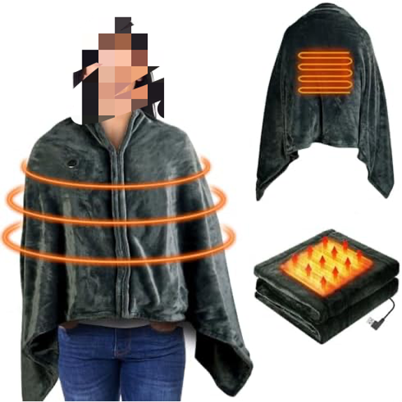 Portable USB Heated Blanket Shawl, 59" x 31" Wearable Soft Heated Shawl with Zipper, Fast Heating Blanket with 8 Heating Zones and 3 Heating Levels (Battery is Not Included) (Dark grey)