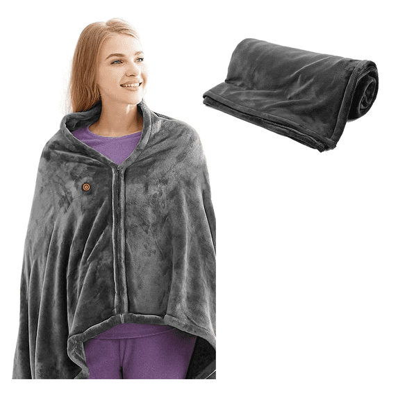 Portable USB Heating Shawl Wearable Flannel Heated Blanket Wrap for Office Nap Cozy Warmth While Working Resting or Lounging Indoors (Grey)
