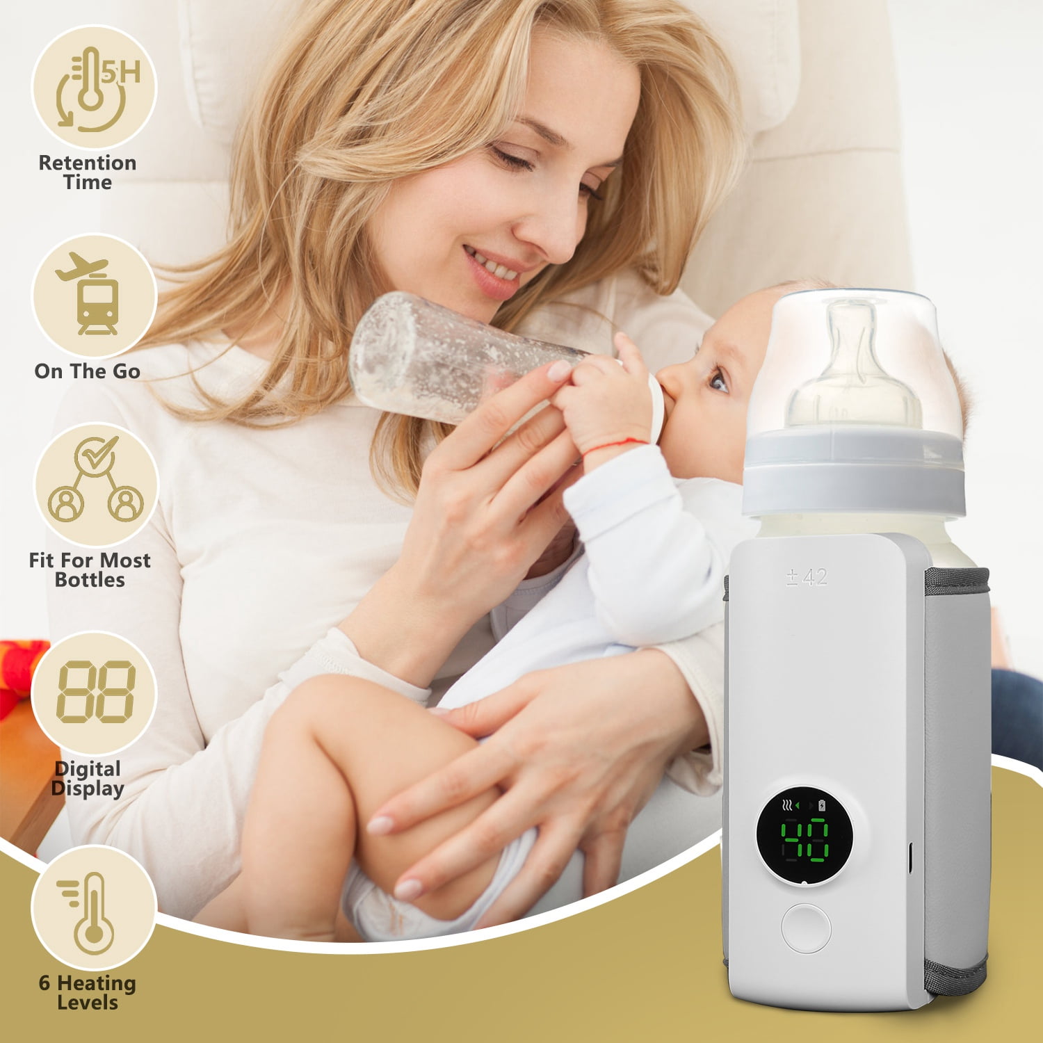 Portable USB Rechargeable Baby Bottle Warmer ,Milk Warmer w/ 6 Heating Levels, Keep Warm for 5 Hours