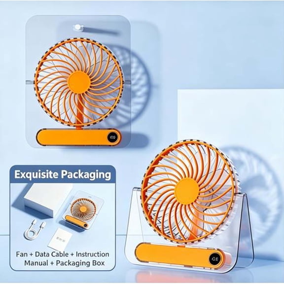 Portable USB Rechargeable Folding Card Fan - Compact Quiet Bladeless Motor with 3 Speed Settings for Home, Office, Outdoor Use Orange