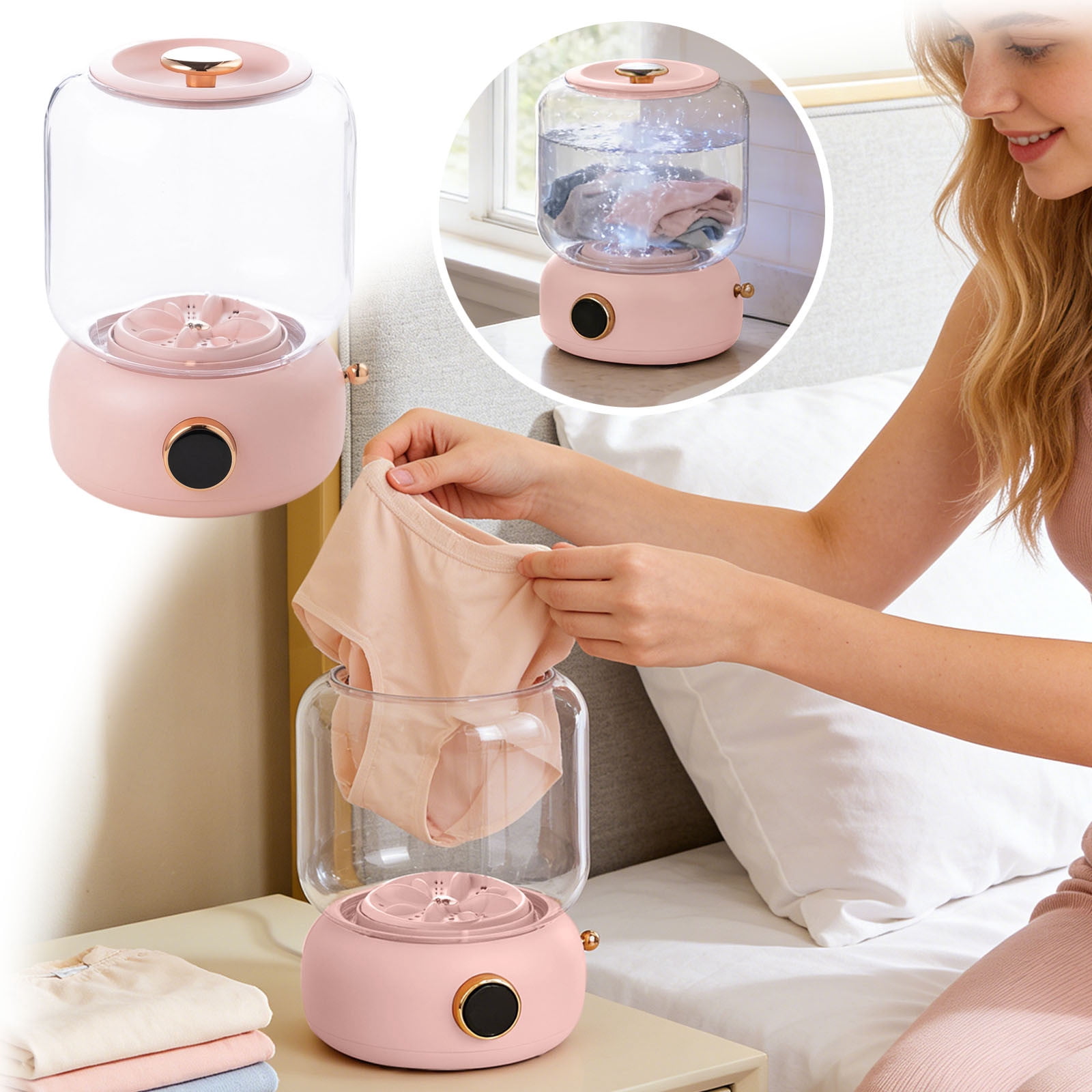 Portable USB Small Washing Machine - Rechargeable Personal Mini Washer with 3 Modes for Travel, Dorm, RV & Camping（Pink）