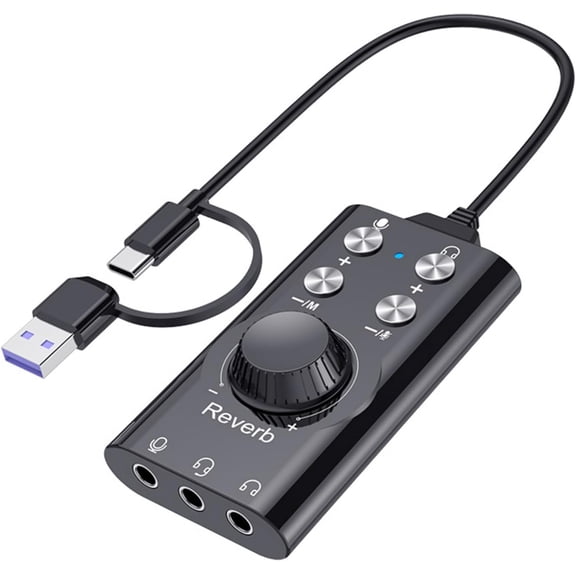 Portable USB o Interface, Type-C to 3.5mm Sound Card, Voice Changing Effects, Noise Reduction for PC, Mac, Phone, Gaming, Streaming, Recording