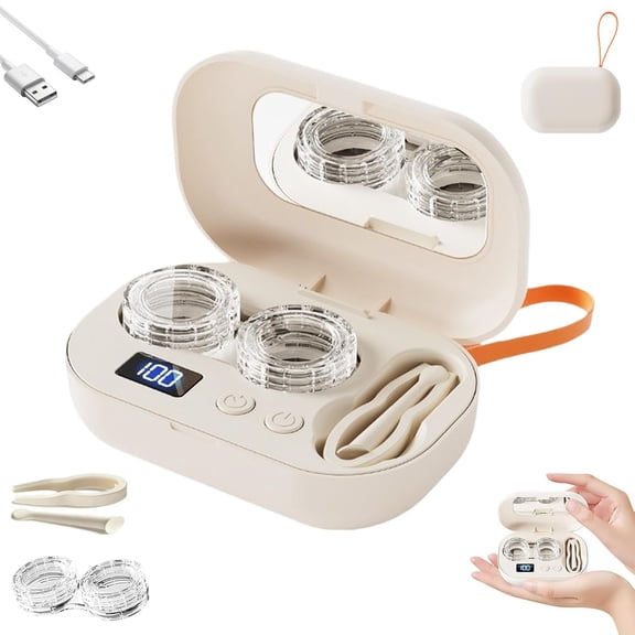 Portable Ultrasonic Contact Lens Cleaning Case with 3-Minute Refresh Cycle, Rechargeable Lens Storage Box with Mirror and Tweezers, Compact Travel Design