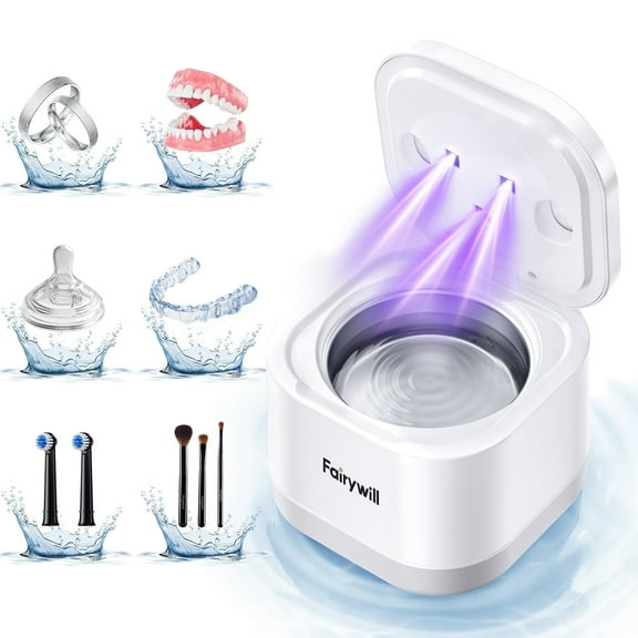 Fairywill Ultrasonic Cleaner for Dentures, Retainers Jewelry and Toothbrush Head Family Personal Care Machine with Light, 45KHz Deep Clean, 200ml, One Button 5/10 Min Timer