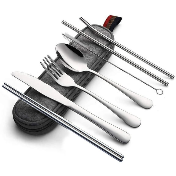 Portable Utensils, Camping Cutlery Set, Portable Stainless Steel Flatware Set, 8-Piece including Knife Fork Spoon Chopsticks Cleaning Brush Straws Portable Cases