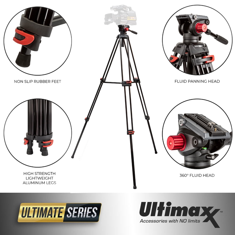 Portable Video Camera 72-inch 180cm 90 Degree Pivot Head Fluid Pan Tilt Tripod