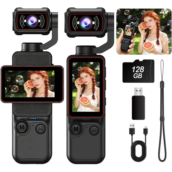 Portable Vlogging Camera with 180° Rotating Lens,Handheld Pocket Camera,with Wi-Fi Apps,1.97-Inch Flip Screen, LED Light, Mic,Compact for Travel,Vloggers and Everyday Vlogging (Black,128GB)
