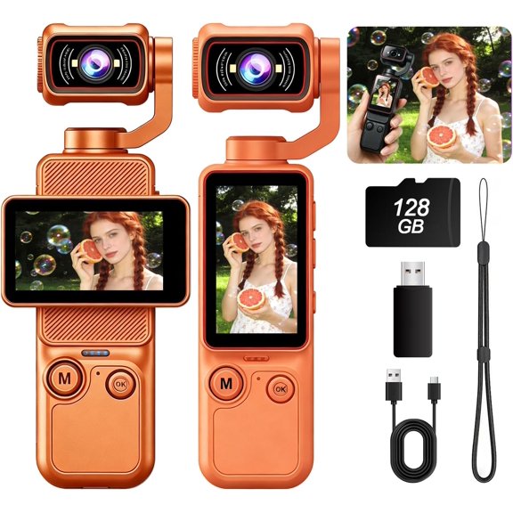 Portable Vlogging Camera with 180° Rotating Lens,Handheld Pocket Camera,with Wi-Fi Apps,1.97-Inch Flip Screen, LED Light, Mic,Compact for Travel,Vloggers and Everyday Vlogging (Orange,128GB)
