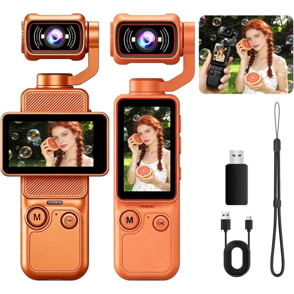 Portable Vlogging Camera with 180° Rotating Lens,Handheld Pocket Camera,with Wi-Fi Apps,1.97-Inch Flip Screen, LED Light, Mic,Compact for Travel,Vloggers and Everyday Vlogging (Orange,0GB)