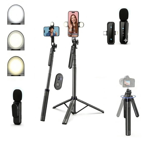 Portable Vlogging Kit, Content Creator Essentials for Video Recording, Phone Tripod Stand with Noise Reduction Mic and Fill Light