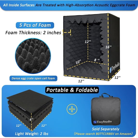 Portable Vocal Booth with Thick Acoustic Foam, Foldable Microphone Isolation Shield for Studio Recording