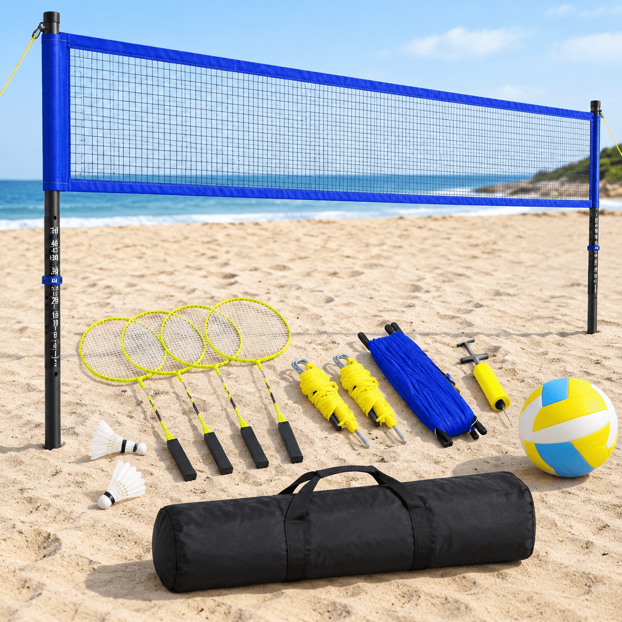 Portable Volleyball Net System E-Blue Adjustable Width Height for ...