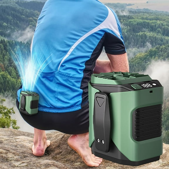 Portable Waist Clip Fan, USB Rechargeable, 130° Wide-Angle Airflow, Smart Display, Fast Charging, Built-In Flashlight, Ideal for Construction & Outdoor Use, Green