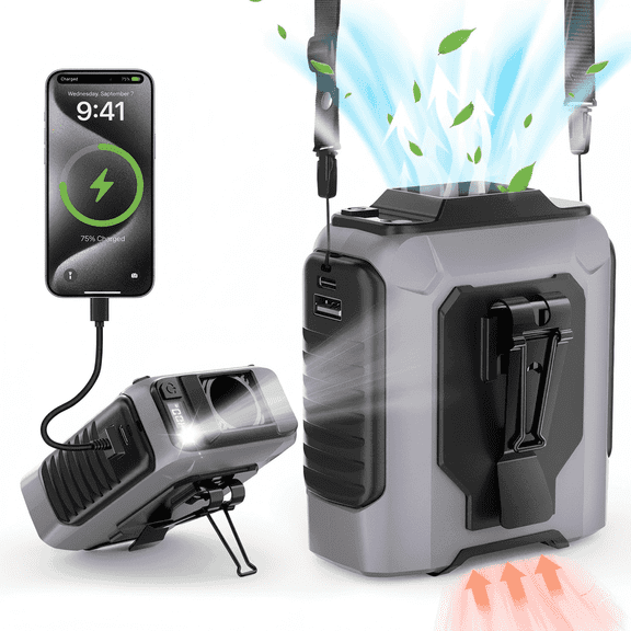 Portable Camping Waist Fan ,100 Speeds Personal Clip on Wearable Belt with Flashlight and Lanyard, Rechargeable Battery Operated Hands-Free Neck for Outdoor