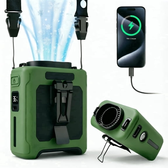 MIMIRGB Portable Waist Fan 10000mAh Dual-Sided Clip on Wearable Belt Waist Fan with Flashlight for Outdoor Camping Cooling As Power Bank, Green