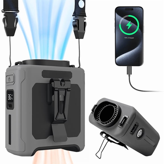MIMIRGB Portable Neck Hands-Free Waist Fan 10000mAh, 5-Speed Cooling Fan, Power Bank with LED Light, Outdoor Camping Hiking,Grey
