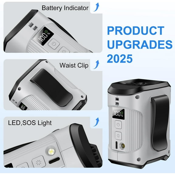 Portable Waist Fan Clip on Belt Personal Fan, 3-Speed Rechargeable with 24H Battery, Hands- Hanging Neck Fan, Wearable Shirt Cooling Fans for Camping, Outdoor, Jobsite