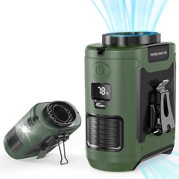 Portable Waist Fan Clip on Wearable Belt Personal Fan 10000mAh Rechargeable Battery operated With 5 Speeds & Flashlight Neck Hands-Free 8-40H Cooling For Outdoor Camping Travel