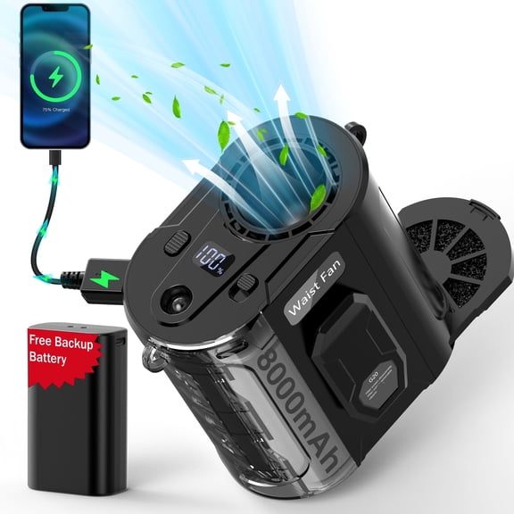 Portable Waist Fan on belt with 8000mAh Detachable Spare Battery, 5-Wind Speed, LED Light & Display, Detachable Dust Filter, Rechargeable Fan with Clip For Outdoor, Camping, Travel (Black-16000mAh)
