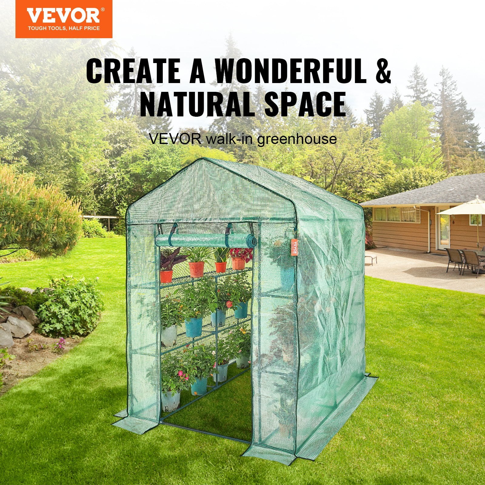 Portable Walk-in Greenhouse 4.6x4.6x6.6ft, Durable PE Cover, Zipper Door, Steel Frame w/Shelves