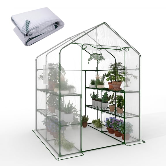 Portable Walk-in Greenhouse for Outdoors, 57 x 57 x 77, Heavy Duty 3-Tier 12-Shelf Green House with Thick PE Cover, Mesh Door & Screen Windows for Plants, Flowers, Seedlings, Herbs & Vegetables