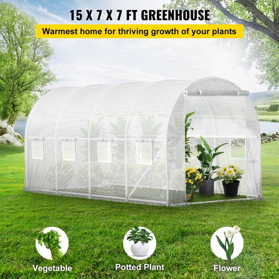 Portable Walk in Tunnel Greenhouse 15x65x7Ft White PE Cover Galvanized Steel Frame 8 Roll up Windows Diagonal Poles Zippered Door