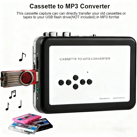 Portable Walkmen Cassette Player, Best Overall Standalone USB Cassette to MP3 Converter, Compatible with Laptops and Personal Computers, Audio Music Cassette Tape to Digital Converter Player (White)