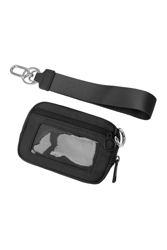 Portable Wallet With Clear Card Slot, Multifunctional Fashion Wristlet Handbags for Women, Waterproof Nylon Keychain Wallet With ID Window, Zip Card Case (Black)