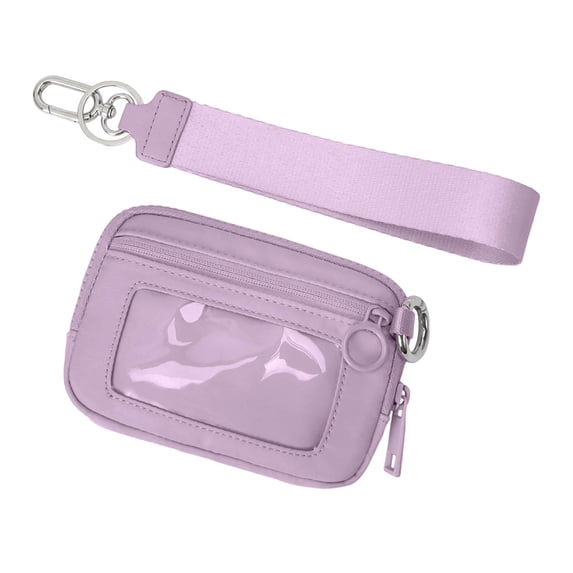 Portable Wallet With Clear Card Slot, Multifunctional Fashion Wristlet Handbags for Women, Waterproof Nylon Keychain Wallet With ID Window, Zip Card Case (Purple)