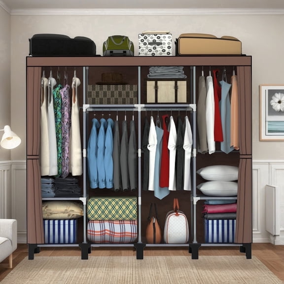 Portable Wardrobe 67 Inch Wide Large Capacity 4 Shelves 4 Rods with Cover Freestanding Coffee