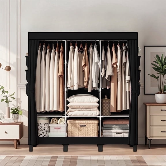 Black， Portable Closet Organizer and Storage with 3 Hanging Rods for Hanging Clothes, 6 Wardrobe Closet Storage Shelves for Bedroom, Easy to Assemble.