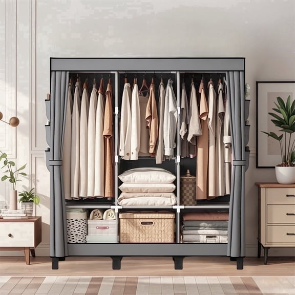 Closet Wardrobe, Portable Closet for Bedroom, Strong and Sturdy Gris Portable Closets for Hanging,Clothes storage organizer,3 hanging areas + side pockets.51"W*17.7"D*67.7"H