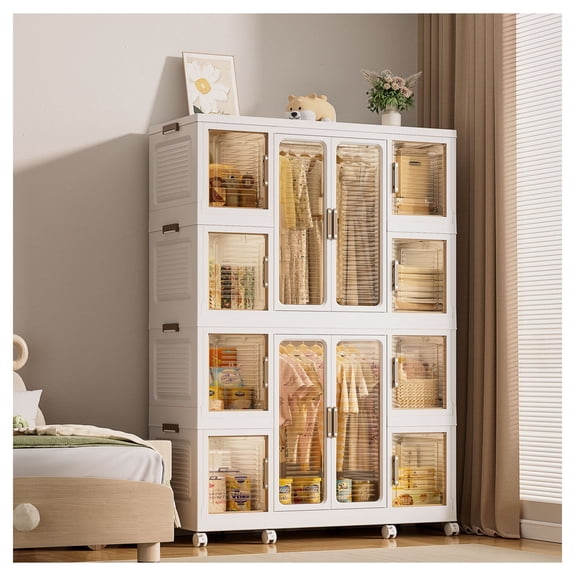 Portable Wardrobe Closet, 12 Cube Organizer with Hanging Rod - Clothes Storage for Bedroom, Baby, College - White