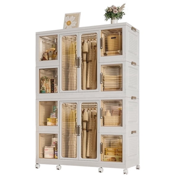 Portable Wardrobe Closet with 12 Magnetic Doors, Foldable Clothing Armoire with 2 Hanging Rods & 16 Hangers, 12-Cube White Resin Dresser Storage for Baby & Kids Room