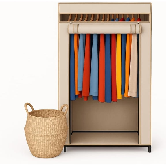 Portable Wardrobe Closet - 50 lb Capacity, Internal Heavy Duty Metal Rod, Zipper & Clear Window, Durable Clothes Organizer, Tool-Free Easy Assembly, Beige Canvas Cover