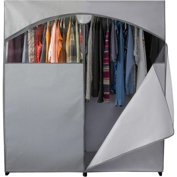 Portable Wardrobe Closet - 65 lb Large Capacity, Internal Heavy Duty Metal Rod, Zipper & Clear Window, Durable Clothes Organizer, Tool-Free Easy Assembly, Beige Canvas Cover
