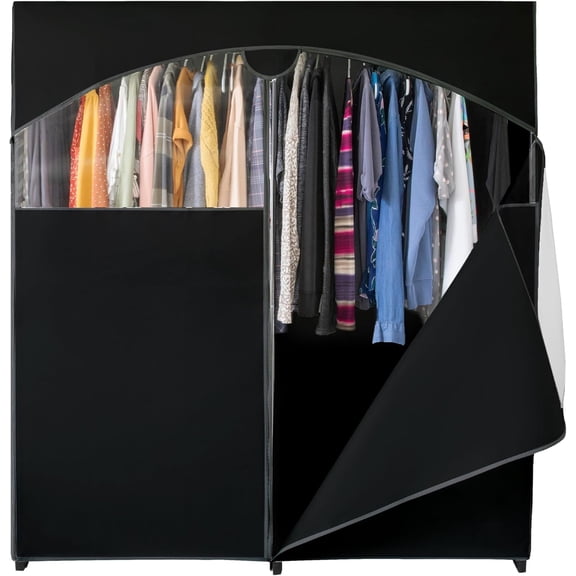 Portable Wardrobe Closet - 65 lb Large Capacity, Internal Heavy Duty Metal Rod, Zipper & Clear Window, Durable Clothes Organizer, Tool-Free Easy Assembly, Beige Canvas Cover