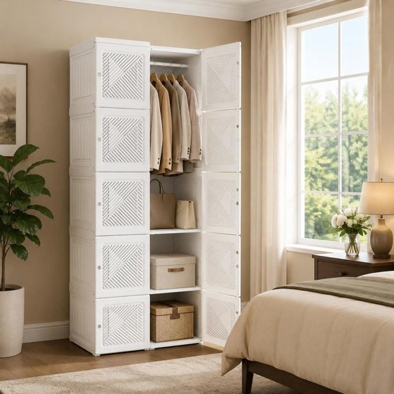 Portable Wardrobe Closet, Folding Armoire with 6 Cube Compartments, Hanging Rod and Magnet Doors for Clothes Storage