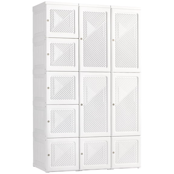 Portable Wardrobe Closet, Folding Clothes Storage Organizer with 8 Cube Compartments, 2 Hanging Rods, 11 Magnet Doors, White