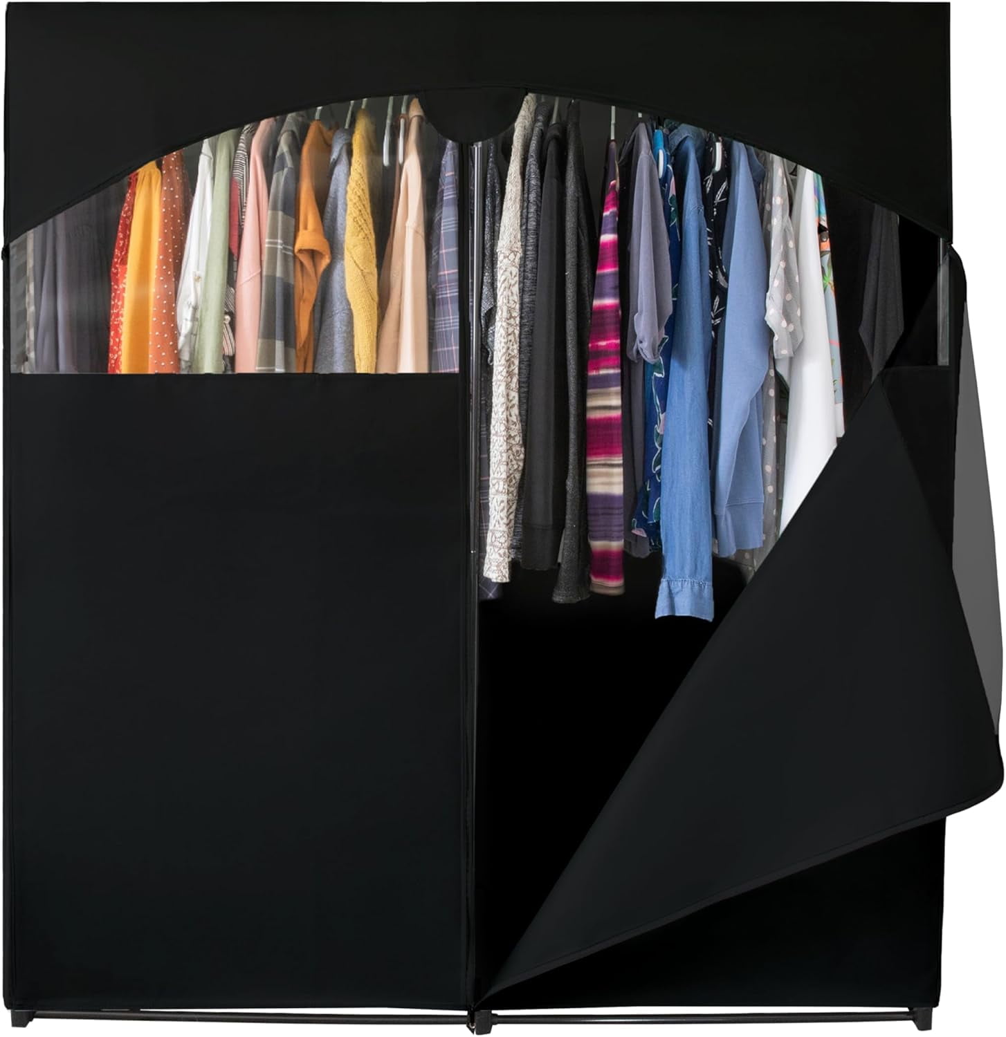 Black Portable Wardrobe Closet with Metal Hanging Rod