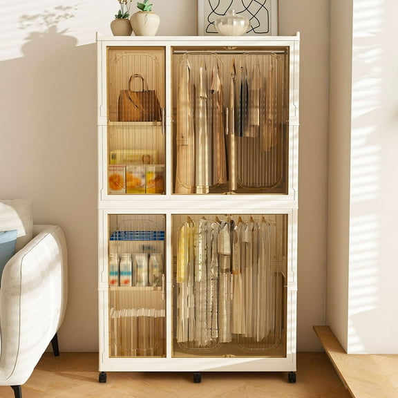 Portable Wardrobe Closet Organizer In Cream White With 6 Magnetic Doors And 6 Cubes For Childrens Clothes Storage