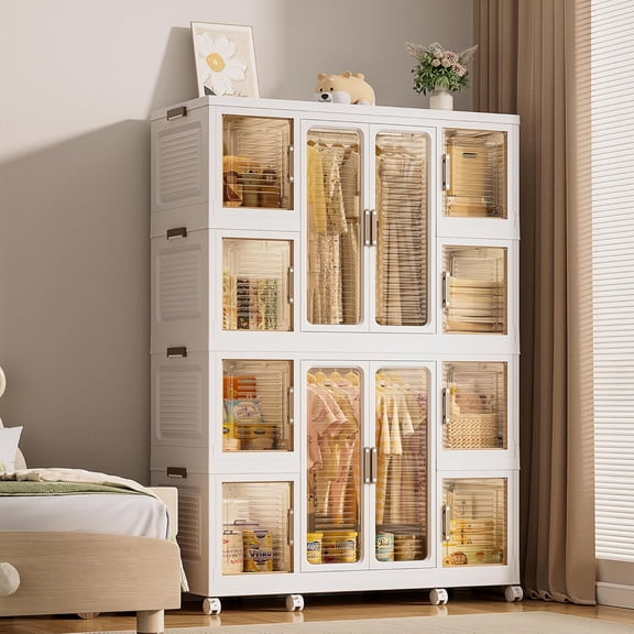 Portable Wardrobe Closet Organizer, Large Kids Wardrobe Closet with Magnetic Doors and Wheels, Collapsible Plastic Baby Clothes Storage Cabinet, 8 Cubes and 2 Wardrobes (18.1"D x 40.1"W x 60.2"H)