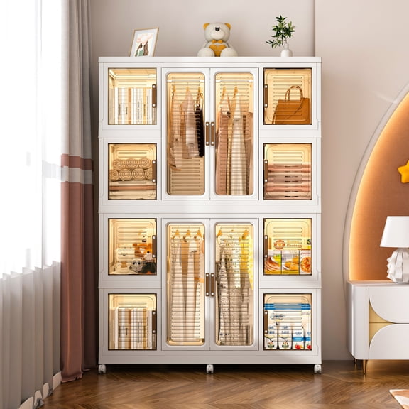 Portable Wardrobe Closet Organizer with 12 Magnetic Doors & 2 Hanging Rods, White, 44x18x60 Inches, for Clothes and Storage