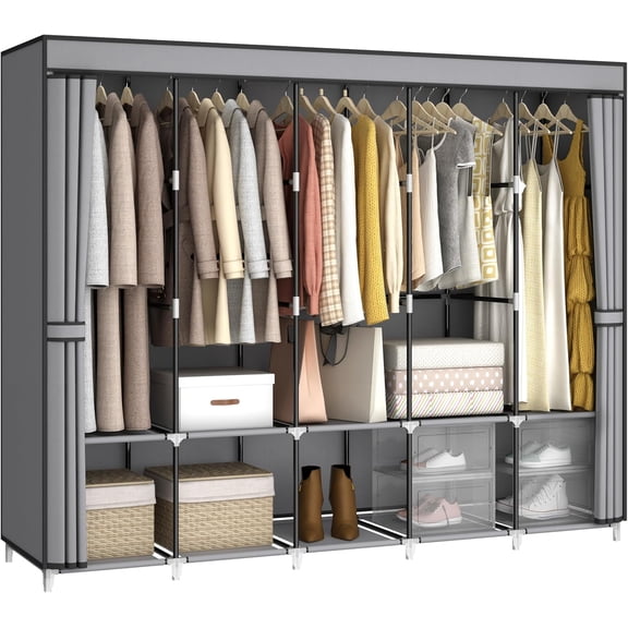 Portable Wardrobe Closet Organizer with 5 Adjustable Hanging Rods and 10 Shelves, Grey, 83" W x 18" D x 66" H