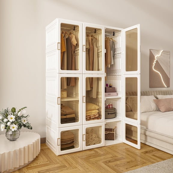 Portable Wardrobe Closet Storage Organizer for Clothes with 3 Hanging Rods, 20 Inch Deep Integrated Folding Plastic Armoire with Transparent Magnetic Doors
