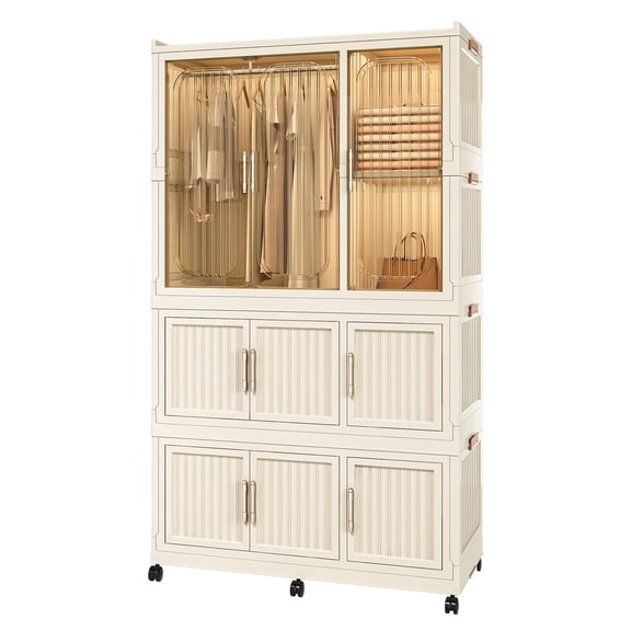 Portable Wardrobe Closet Storage Organizer for Clothes,Clothes Dresser,9 Magnetic Doors-9 Cubes & 1 Hanging Rod,6 Pcs hangers,Baby Wardrobe Storage Cabinet,White